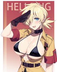 1girl absurdres belt black_bra black_choker blonde_hair blue_eyes blush bra breasts breasts_out choker copyright_name gloves hair_over_one_eye hellsing highres junshijijiu large_breasts military_uniform open_clothes salute seras_victoria solo sweat underwear upper_body