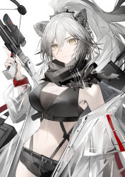 1girl absurdres animal_ears arknights arrow_(projectile) bandeau bikini bikini_top_only black_bandeau black_bikini black_hair black_scarf black_shorts bow_(weapon) breasts cat_ears cat_girl chest_harness cleavage closed_mouth colored_tips commentary cowboy_shot crossbow double-parted_bangs earpiece english_commentary expressionless grey_hair hair_between_eyes harness high_ponytail highres holding holding_crossbow holding_weapon jacket long_hair looking_at_viewer luozhou_pile medium_breasts multicolored_hair navel open_clothes open_jacket ponytail quiver scarf schwarz_(arknights) scope see-through_clothes see-through_jacket short_shorts shorts simple_background solo standing stomach suspender_shorts suspenders swimsuit underbust weapon white_background white_jacket yellow_eyes