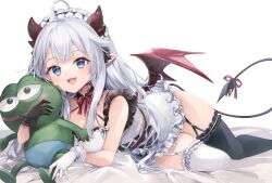 1girl :d ahoge asymmetrical_gloves asymmetrical_legwear black_collar black_gloves black_ribbon black_thighhighs blue_eyes bow breasts cleavage collar commission demon_horns demon_tail detached_collar dress eyelashes fang foot_out_of_frame frilled_dress frilled_thighhighs frills garter_straps gloves grey_hair hair_ribbon highres holding holding_stuffed_toy horns indie_virtual_youtuber light_blush long_hair lying maid_headdress medium_breasts mismatched_gloves mismatched_legwear multiple_horns neck_ribbon on_bed on_side open_mouth pepe_the_frog pointy_ears red_ribbon red_wings ribbon short_dress skeb_commission skin_fang sleeveless sleeveless_dress smile solo stuffed_toy tail tail_ornament tail_ribbon thighhighs tongue twisted_torso ukishizumi vei_(vtuber) vei_(vtuber)_(4th_costume) virtual_youtuber white_background white_bow white_dress white_gloves white_thighhighs wings