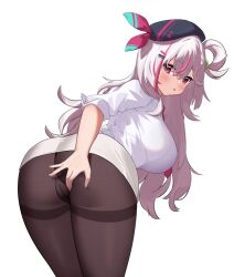 ass black_hat black_pantyhose blush bra_visible_through_clothes braid breasts cameltoe clothes_lift dishui_tangni food from_behind fruit hair_between_eyes hair_ornament hair_rings hairclip hat indie_virtual_youtuber large_breasts light_blush looking_at_viewer melon mingyin_meion_(vtuber) mole mole_under_eye multicolored_hair necktie one_side_up open_mouth pantyhose pink_eyes pink_hair pink_necktie raised_eyebrows shirt single_hair_ring skirt skirt_lift sleeves_rolled_up squishing streaked_hair thighs two-tone_hair virtual_youtuber white_hair white_shirt