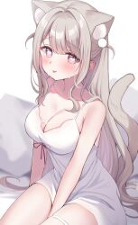 Rule 34 | 1girl, :p, animal ears, between legs, blush, breasts, cat ears, cat girl, cat tail, chemise, cleavage, extra ears, grey hair, hamico, hand between legs, heart, heart-shaped pupils, highres, indie virtual youtuber, large breasts, long hair, looking at viewer, pink eyes, sitting, solo, sweat, swept bangs, symbol-shaped pupils, tail, tongue, tongue out, uise iu, very long hair, virtual youtuber, white chemise