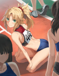 4girls ass bare_legs bare_shoulders black_hair blonde_hair braid breasts brown_hair buruma fate/apocrypha fate_(series) green_eyes highres legs long_hair looking_at_viewer mordred_(fate) mordred_(fate/apocrypha) multiple_girls parted_bangs ponytail shoes sidelocks small_breasts smile sneakers solo_focus sports_bra squatting tonee