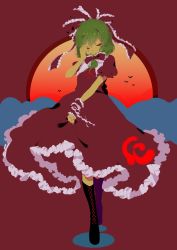 1girl arm_ribbon bird black_boots boots bow closed_eyes cloud commentary_request dress frilled_dress frilled_ribbon frilled_sleeves frills front_ponytail full_body green_hair guozimiao hair_bow hair_ribbon kagiyama_hina lace-up_boots long_dress medium_hair puffy_short_sleeves puffy_sleeves red_background red_dress red_ribbon ribbon short_sleeves solo sunset touhou walking