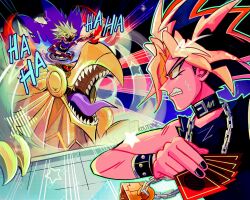 Rule 34 | black hair, black nails, black tank top, blonde hair, bracelet, cape, card, chain, clenched teeth, collar, dragon, eye of horus, highres, holding, holding card, jewelry, koutone9, laughing, millennium puzzle, multicolored hair, non-humanoid robot, red hair, robot, robot dragon, spiked hair, sweat, tank top, teeth, the winged dragon of ra, tongue, white hair, yami marik, yami yugi, yu-gi-oh!, yu-gi-oh! duel monsters