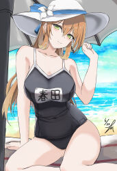 1girl absurdres beach blush breasts brown_hair dated day girls&#039;_frontline green_eyes hair_between_eyes hair_ribbon hat highres large_breasts long_hair looking_at_viewer outdoors parasol ribbon sand school_swimsuit sitting smile springfield_(girls&#039;_frontline) sun_hat swimsuit takumi_munato towel umbrella wariza water