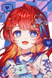 1girl absurdres alternate_costume alternate_hair_length alternate_hairstyle blue_choker blue_eyes blue_nails blue_sailor_collar checkered_background choker commentary_request cross-section heart highres holding holding_letter honkai:_star_rail honkai_(series) korean_commentary letter long_hair looking_at_viewer open_mouth pointy_ears red_hair sailor_collar school_uniform serafuku smile solo spoken_heart starten1000 tribbie_(honkai:_star_rail) white_serafuku