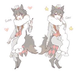 1boy animal_ears animal_feet arne_no_jikenbo barefoot black_hair blazer blush_stickers bow buttons collared_jacket commentary commentary_request dress_pants dress_shirt english_commentary english_text fang formal_clothes fur-trimmed_scarf fur_scarf fur_trim grey_hat grey_jacket grey_pants grey_suit hair_between_eyes hand_on_own_cheek hand_on_own_face happy hat hat_bow hat_ornament jacket lapels layered_sleeves long_sleeves male_focus mini_hat mini_top_hat mixed-language_commentary notched_lapels one_eye_closed open_clothes open_jacket open_mouth pants purple_eyes red_bow red_vest scarf shirt short_hair shuntaro_(tya_nya0000) simple_background skin_fang smile smirk star_(symbol) star_button star_hat_ornament suit tail top_hat variations vest white_background white_scarf white_shirt wolf_boy wolf_ears wolf_tail zisye