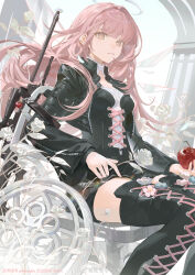 1girl apple arknights artist_name black_jacket black_shorts black_thighhighs boots breasts dated dated_commentary energy_wings english_text engrish_text flower food fruit halo highres holding holding_food holding_fruit jacket kilo_weibo lemuen_(arknights) long_hair long_sleeves looking_at_viewer open_clothes open_jacket orange_eyes pink_hair ranguage rose shorts sitting solo sword thigh_boots thighhighs watermark weapon weibo_username weibo_watermark white_flower white_halo white_rose wings
