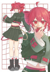 1girl :d absurdres ahoge black_boots black_shirt black_skirt blush boots bow drill_hair from_behind grey_shirt hair_between_eyes hashtag-only_commentary highres hizola_yoiti holding holding_walkie-talkie kasane_teto kasane_teto_(voicepeak) kneehighs layered_skirt long_sleeves looking_at_viewer looking_back midriff miniskirt open_mouth projected_inset red_bow red_eyes red_hair red_skirt shirt skirt smile socks standing teeth twin_drills upper_teeth_only utau voicepeak walkie-talkie white_socks zoom_layer