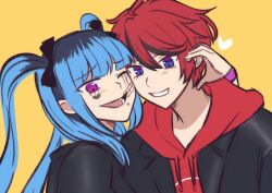 1boy 1girl alternate_costume amemiya_darumi black_bow black_hair black_jacket blue_eyes blue_hair bow face_piercing heads_together heart highres hood hoodie jacket lip_piercing multicolored_hair one_eye_closed open_mouth orange_background piercing pink_eyes red_hair red_hoodie short_hair smile sumino_takumi the_hundred_line_-last_defense_academy- twintails upper_body