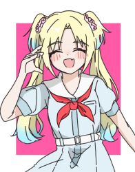 1girl ^_^ blonde_hair blue_dress blue_hair blush border breast_pocket closed_eyes commentary_request dress facing_viewer fang flower gradient_hair hair_flower hair_ornament half-heart_hands hand_up hasu_no_sora_school_uniform highres link!_like!_love_live! love_live! mihasu_ll multicolored_hair neckerchief osawa_rurino outside_border parted_bangs pink_background pink_flower pleated_dress pocket puffy_short_sleeves puffy_sleeves red_neckerchief school_uniform short_sleeves simple_background skin_fang solo summer_uniform twintails virtual_youtuber white_border