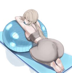 1girl absurdres ass ball barefoot breasts exercise_ball grey_eyes grey_hair grey_pants grey_sports_bra highres huge_ass laneigu large_breasts long_hair looking_back original pants simple_background soles solo sports_bra sportswear white_background yoga_pants