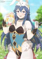 1girl absurdres animal_ears blue_eyes blue_hair blush brand_of_the_exalt breasts cleavage easter easter_egg egg fake_animal_ears fire_emblem fire_emblem_awakening fire_emblem_heroes gloves highres holding holding_egg leotard long_hair looking_at_viewer lucina_(fire_emblem) lucina_(spring_exalt)_(fire_emblem) medium_breasts nintendo official_alternate_costume open_mouth pantyhose playboy_bunny rabbit_ears rabbit_tail smile solo tail tak0baka white_pantyhose