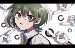 Rule 34 | 1girl, black vest, collared shirt, cross tie, crying, crying with eyes open, danjou sora, eye chart, glasses, green eyes, green hair, grid background, gumi, hair between eyes, highres, landolt c, letterboxed, looking at viewer, parted lips, pointing, shirt, shiryoku kensa (vocaloid), short hair, solo, tears, vest, vocaloid, white background, white shirt, yellow-framed eyewear