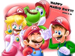 1girl 3boys artist_name big_nose blonde_hair blue_eyes blue_overalls brooch brothers brown_hair closed_eyes colored_skin dinosaur dress earrings elbow_gloves facial_hair fake_facial_hair fake_mustache gloves green_shirt green_skin hat highres jewelry lipstick long_hair long_sleeves luigi makeup mario mario_(series) mario_day mario_dragon multiple_boys mustache nintendo overalls pink_dress pink_lips princess_peach puffy_short_sleeves puffy_sleeves red_headwear red_shirt reptile shirt short_sleeves siblings sphere_earrings twitter_username white_gloves yoshi
