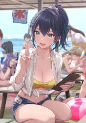 2boys 4girls aqua_eyes bikini bikini_under_clothes black_hair blue_shorts breasts center_opening cleavage collarbone commentary_request denim denim_shorts hair_between_eyes highres holding holding_pen large_breasts looking_at_another multiple_boys multiple_girls navel open_fly open_mouth original pen people ponytail shamakho shirt shorts sitting three-quarter_sleeves smile solo_focus striped_innertube swim_ring swimsuit table teeth tied_shirt upper_teeth_only v watch white_shirt wristwatch yellow_bikini