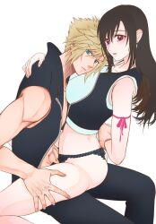 Rule 34 | 1boy, 1girl, abs, arm behind back, arm ribbon, bare legs, bare shoulders, black hair, black panties, black pants, black vest, blonde hair, blue eyes, blush, breasts, closed mouth, cloud strife, collarbone, commentary request, couple, crop top, earrings, feet out of frame, final fantasy, final fantasy vii, final fantasy vii advent children, from side, hand on another&#039;s back, hand on another&#039;s thigh, hetero, highres, holding another&#039;s arm, jewelry, lace, lace-trimmed panties, lace trim, large breasts, leaning on person, long hair, looking at viewer, looking to the side, no pants, open clothes, open fly, open shirt, panties, pants, parted lips, partially unzipped, rain1217love, red eyes, red ribbon, ribbon, shirt, short hair, single earring, sitting, sitting on lap, sitting on person, sleeveless, sleeveless shirt, spiked hair, tank top, thighs, tifa lockhart, underwear, vest, white background, white tank top, zipper