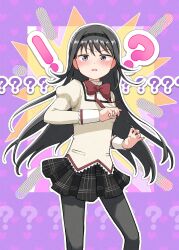 !? 1girl akemi_homura asukaru_(magika_ru) black_hair black_hairband black_pantyhose black_skirt blush bow bowtie commentary feet_out_of_frame hairband highres juliet_sleeves long_hair long_sleeves looking_at_viewer mahou_shoujo_madoka_magica mahou_shoujo_madoka_magica_(anime) mitakihara_school_uniform open_mouth outline pantyhose plaid_clothes plaid_skirt pleated_skirt puffy_sleeves purple_background purple_eyes red_bow red_bowtie school_uniform shirt skirt solo standing symbol-only_commentary v-shaped_eyebrows white_outline yellow_shirt