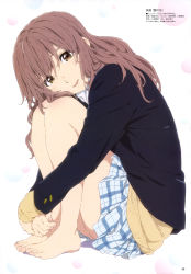 Rule 34 | 10s, 1girl, absurdres, barefoot, blazer, blush, brown eyes, brown hair, feet, feet together, female focus, fingernails, from side, hands on feet, highres, jacket, knees up, koe no katachi, legs, light smile, looking at viewer, miniskirt, nishimiya shouko, nishiya futoshi, official art, open mouth, plaid clothes, plaid skirt, pleated skirt, scan, school uniform, sitting, skirt, smile, solo, sweater, thighs, toenails, toes, unworn footwear, upskirt