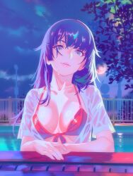 1girl bakemonogatari bikini blue_eyes breasts cloud cloudy_sky collared_shirt commentary_request eyelashes front-tie_bikini_top front-tie_top full_moon highres long_hair looking_at_viewer medium_breasts monogatari_(series) moon night night_sky open_clothes open_shirt outdoors parted_lips pool purple_hair purple_sky rapa_rachi red_bikini revision senjougahara_hitagi shiny_skin shirt short_sleeves sidelocks sky solo star_(sky) starry_sky swimsuit upper_body wet wet_clothes wet_hair wet_shirt