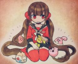 1girl :3 black_skirt blush blush_stickers bow brown_hair cleffa closed_eyes closed_mouth commentary_request crossover danganronpa_(series) danganronpa_v3:_killing_harmony eyelashes gen_2_pokemon gen_4_pokemon hair_ornament hair_scrunchie hand_on_another&#039;s_head happiny harukawa_maki igglybuff kneeling long_hair long_sleeves mole mole_under_eye mufksin nintendo no_shoes notice_lines open_mouth pichu pokemon pokemon_(creature) red_eyes red_shirt red_thighhighs scrunchie shirt skirt smile thighhighs togepi twintails twitter_username very_long_hair white_bow