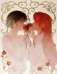 2girls alien_stage apple black_blood black_hair blood breasts cleavage commentary english_commentary flower food fruit highres holding holding_food holding_fruit holding_own_wrist idledee long_hair mizi_(alien_stage) multiple_girls navel nude pink_hair plant red_flower short_hair sua_(alien_stage) tears very_long_hair vines