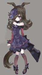 Rule 34 | 1girl, animal ears, blue flower, blue rose, brown hair, dlanor 973, dress, fascinator, flower, grey background, hair over one eye, hat, hat flower, highres, horse ears, horse girl, horse tail, long hair, mini hat, off-shoulder dress, off shoulder, purple eyes, purple shirt, rice shower (umamusume), rose, shirt, solo, tail, umamusume