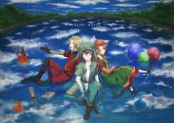 1girl 2boys black_hair blonde_hair blush brown_hair cloud copyright_name dragon_quest dragon_quest_vii dress closed_eyes fire hat hero_(dq7) kiefer kinorin maribel_(dq7) multiple_boys open_mouth outstretched_arm partially_submerged reflection sitting sky slime_(dragon_quest) smile staff water