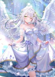 1girl akasaka_asa artist_name bare_shoulders blue_flower breasts cleavage clothes_lift cocoluce collarbone dress dress_lift feathered_wings flower frilled_sleeves frilled_thigh_strap frilled_wrist_cuffs frills green_eyes green_ribbon hair_flower hair_ornament hair_ribbon hanenone_cocone highres lifting_own_clothes light_rays long_hair looking_at_viewer medium_breasts open_mouth ribbon second-party_source sleeveless sleeveless_dress solo thigh_strap twitter_username virtual_youtuber white_dress white_flower white_hair white_wings wing_hair_ornament wings wrist_cuffs