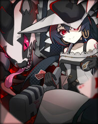1girl belt black_belt black_choker black_gloves black_hair black_necktie choker closed_mouth dark_miku_(project_voltage) dress eyelashes gen_8_pokemon gloves hat hatsune_miku highres holding holding_poke_ball jewelry long_hair long_tongue luxury_ball microphone necktie nintendo obstagoon open_mouth poke_ball pokemon pokemon_(creature) project_voltage red_eyes ring sharp_teeth sitting smile tamaron0710 teeth tongue tongue_out vocaloid white_dress white_hat