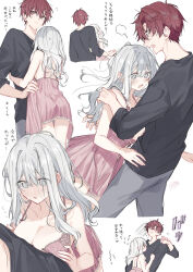 1boy 1girl babydoll bare_arms bare_shoulders black_shirt breasts cleavage collarbone commentary_request fuyukawa_kagari grey_eyes grey_hair grey_pants hakanai_kimi_wa_moukou_wo_hajimeru hetero kazutake_hazano large_breasts long_hair multiple_views pants pink_babydoll red_eyes red_hair shirt short_hair simple_background terui_soushichi translation_request white_background