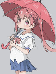 1girl blue_skirt grey_background hair_ornament highres holding holding_umbrella kapuru_0410 long_hair looking_at_viewer pleated_skirt puffy_sleeves school_uniform shirt short_sleeves skirt solo tanemura_koyori twintails umbrella watashi_ni_tenshi_ga_maiorita! white_shirt x_hair_ornament