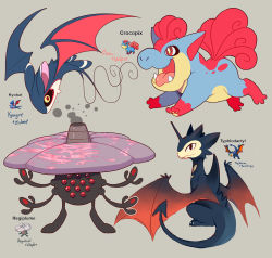 aerodactyl brown_eyes character_name commentary creature croconaw english_commentary fangs full_body fusion gen_1_pokemon gen_2_pokemon gen_3_pokemon grey_background highres kyogre legendary_pokemon looking_at_viewer nintendo no_humans pokemon pokemon_(creature) registeel running simple_background sony-shock standing typhlosion vileplume vulpix zubat