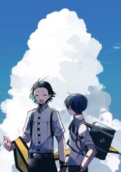 Rule 34 | 2boys, ^ ^, antenna hair, bag, belt, belt buckle, black bag, black belt, black hair, black pants, black trim, blue hair, buckle, closed eyes, cloud, collared shirt, cumulonimbus cloud, gekkoukan high school uniform, hair slicked back, hand in pocket, highres, holding, holding unworn clothes, holding unworn scarf, male focus, mochizuki ryouji, multiple boys, neck ribbon, open mouth, outdoors, pants, persona, persona 3, ribbon, scarf, school uniform, shirt, shirt tucked in, short hair, short sleeves, shoulder bag, sky, smile, suspenders, teketeke (tasutekete), unworn scarf, white shirt, yellow scarf, yuuki makoto (persona 3)