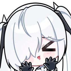 &gt;_&lt; 1girl :3 :d against_fourth_wall bodysuit chibi cinderella_(nikke) close-up commentary deformed fourth_wall gloves goddess_of_victory:_nikke hair_over_one_eye hands_up momori_sensei open_mouth simple_background smile solo twintails white_background white_hair xd