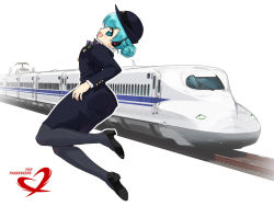 Rule 34 | 1girl, alternate hairstyle, aqua eyes, aqua hair, black pantyhose, female focus, hat, hatsune miku, headphones, high-speed train, open mouth, pantyhose, pencil skirt, shinkansen, shoes, skirt, smile, solo, tessai, train, train attendant, travel attendant, uniform, vocaloid