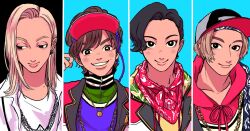 4boys abinofa aegyo_sal akanegakubo_ryoutarou asymmetrical_bangs bandana bandana_around_neck baseball_cap black_background black_eyes black_hair blonde_hair blue_background blue_shawl blush border brown_hair chain chain_necklace collarbone column_lineup curtained_hair dimple doutonbori_divers drawstring earrings gold_necklace grin hair_behind_ear hair_between_eyes hair_ornament hairpin half-closed_eyes hand_up hat head_tilt highres hood hood_down hoodie hypnosis_mic hypnosis_mic:_rule_the_stage jacket jersey jewelry lapels large_forehead layered_clothes looking_at_viewer looking_to_the_side male_focus medium_hair mole mole_on_neck multicolored_jacket multiple_boys multiple_hairpins necklace notched_lapels odd_one_out oogumo_danjyo parted_bangs popped_collar portrait red_bandana red_hoodie shawl short_hair smile straight_hair takanashi_haru_(hypnosis_mic:_rule_the_stage) thick_eyebrows thick_lips tied_drawstring track_jacket v-shaped_eyebrows visor_cap watamoto_hirotaka wavy_hair white_border white_jacket