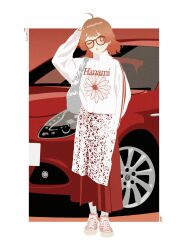1girl ahoge border car full_body gakuen_idolmaster hanami_ume highres idolmaster kisshou_(georgie_san) long_skirt looking_at_viewer motor_vehicle one_eye_closed outside_border print_shirt red-framed_eyewear red_hair red_skirt red_theme shirt skirt solo standing white_border