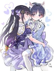 Rule 34 | 1boy, 1girl, 4ding, alternate costume, animal ear fluff, animal ears, animal print, aqua eyes, between legs, black hair, blue bow, blunt ends, blush, bow, cat ears, cat print, closed mouth, collar, commission, crescent, crescent hair ornament, dress, eyelashes, eyeliner, eyeshadow, frilled collar, frilled sleeves, frills, genshin impact, hair bow, hair ornament, hand on another&#039;s ass, hand on another&#039;s shoulder, heart, hetero, highres, long hair, long sleeves, makeup, mona (genshin impact), ponytail holder, puffy sleeves, purple bow, purple dress, purple eyes, purple sleeves, red eyeliner, red eyeshadow, scaramouche (genshin impact), second-party source, short sleeves, sidelocks, sketch, smile, star (symbol), star print, sweatdrop, thighhighs, twintails, white background, white collar, white thighhighs