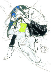 2girls asakusa_midori barefoot body_freckles commentary eizouken_ni_wa_te_wo_dasu_na! freckles goblet_42 holding holding_phone kanamori_sayaka long_hair lying multiple_girls on_back phone short_hair sketch stuffed_animal stuffed_rabbit stuffed_toy