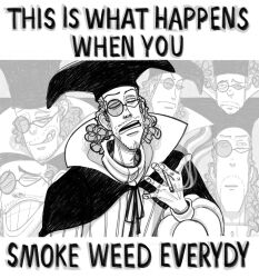 1boy che_soaoa cropped_torso english_text multiple_expressions facial_hair goatee_stubble greyscale hat highres image_macro_(meme) male_focus meme monochrome mustache_stubble official_style one_piece parody_request pirate stubble tsurime van_augur