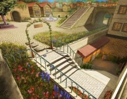 arch building bush day european_architecture flower fountain half-timbered menu_board original outdoors pink_flower purple_flower railing reason_(mark-of-the-unicorn) red_flower scenery sign signature stairs tree