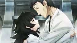 1boy 1girl beard_stubble black_hair black_shirt blunt_bangs collarbone couple crying ears_visible_through_hair facial_hair flat_chest game_cg goodbye green_eyes green_hair height_difference highres hiyajou_maho huke lab_coat lapels long_hair long_sleeves looking_down messy_hair narrowed_eyes nostrils notched_lapels official_art okabe_rintarou okabe_rintarou_(beta) open_mouth ringed_eyes sad shirt short_hair sideburns_stubble smile steins;gate steins;gate_0 stubble thick_eyebrows very_long_hair yellow_eyes