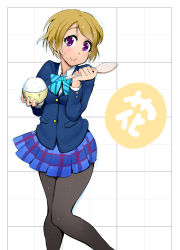 10s 1girl black_pantyhose blazer blush bowl breasts brown_hair female_focus food highres jacket koizumi_hanayo looking_at_viewer love_live! love_live!_school_idol_project medium_breasts nac000 paddle pantyhose purple_eyes rice rice_bowl school_uniform shamoji short_hair skirt smile solo