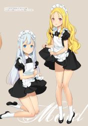 2girls absurdres alternate_costume apron black_dress black_footwear black_shirt black_skirt blonde_hair blue_eyes clothes_lift dress enmaided eromanga_sensei full_body grey_background high_heels highres izumi_sagiri kneeling lifting_own_clothes long_hair looking_at_viewer maid maid_headdress multiple_girls ooyari_ashito open_mouth pumps red_eyes shirt short_sleeves silver_hair simple_background skirt skirt_lift socks standing very_long_hair wavy_mouth white_apron white_legwear yamada_elf