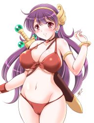 1girl armlet artist_name athena_(series) bikini blush bracelet breasts choker cleavage collarbone earrings front-tie_bikini_top front-tie_top grin hairband heart heart_choker highres jewelry large_breasts legs long_hair looking_at_viewer mizushiro_takuya navel princess_athena purple_hair red_bikini red_eyes sheath smile snk solo standing swimsuit sword teeth thick_thighs thighs underboob weapon white_background wristband