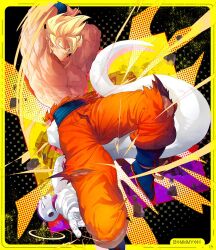 Rule 34 | 2boys, angry, armpits, arms up, artist name, biceps, black background, blonde hair, blue footwear, blue sash, boots, border, clenched teeth, colored skin, debris, dougi, dragon ball, dragonball z, fighting, final form frieza, frieza, glaring, green eyes, halftone, halftone background, leg up, looking at viewer, male focus, multicolored background, multiple boys, muscular, muscular male, ommmyoh, orange pants, outstretched arm, pants, pectorals, purple eyes, rock, sash, sideways glance, son goku, spiked hair, super saiyan, super saiyan 1, tail, teeth, topless male, torn clothes, torn pants, v-shaped eyebrows, white skin, wristband, yellow border