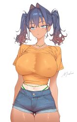 1girl bead_choker beads blue_eyes blue_hair brazilian_miku breasts covered_erect_nipples dark_skin hair_intakes hatsune_miku highres hololive hololive_english jewelry large_breasts mashiro_www midriff navel necklace ouro_kronii shirt short_shorts shorts signature solo tan tanline twintails virtual_youtuber white_background yellow_shirt