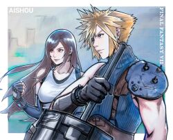 1boy 1girl ai_shou armor artist_name bare_shoulders black_gloves black_hair blonde_hair blue_eyes blue_sweater blurry blurry_background border bracelet breasts brown_eyes brown_hair clenched_hand closed_mouth cloud_strife collarbone commentary copyright_name earrings elbow_gloves english_commentary final_fantasy final_fantasy_vii final_fantasy_vii_remake fingerless_gloves gloves highres holding holding_sword holding_weapon huge_weapon jewelry large_breasts lips long_hair looking_to_the_side materia outside_border ribbed_sweater short_hair shoulder_armor single_bare_shoulder single_earring sleeveless sleeveless_turtleneck spiked_hair stud_earrings suspenders sweater swept_bangs sword tank_top three_quarter_view tifa_lockhart turtleneck turtleneck_sweater upper_body weapon white_border white_tank_top