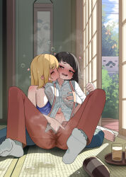 2girls absurdres black_hair blonde_hair blue_shirt blue_sky blush bottle brown_eyes brown_pants clenched_hand closed_eyes commission fingering glass grabbing_another&#039;s_breast groping highres imai_reiko indoors kiss long_hair long_sleeves monobe_yuri muhyo_to_rouji_no_mahouritsu_soudan_jimusho multiple_girls navel open_fly open_mouth pants pixiv_commission pussy_juice pussy_juice_stain shirt shouji sky sliding_doors socks solo suspenders tatami tray unzipped wet wet_clothes wet_shirt white_shirt white_socks yuri
